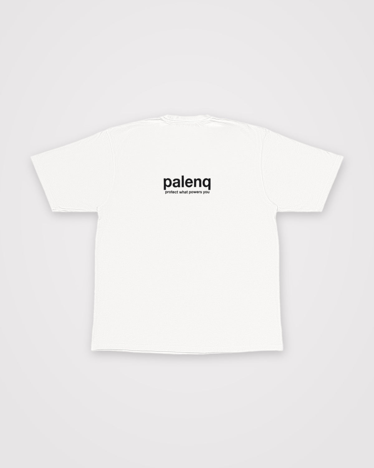 .ZERO Oversized Tee in white, back view with the palenq logo and the line protect what powers you